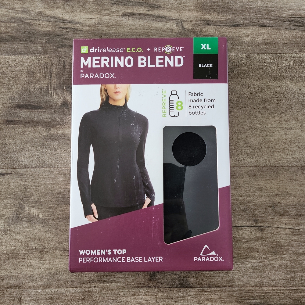 Paradox Base Layer Black Merino Wool Blend 1/4 Zip Top Large Women's NWT